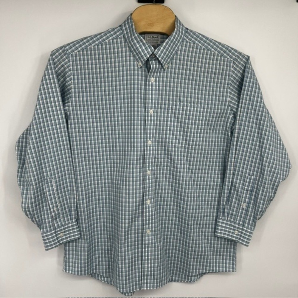 LL Bean Men's Traditional Fit Blue and Green Plaid Button Down Shirt Size 17-34